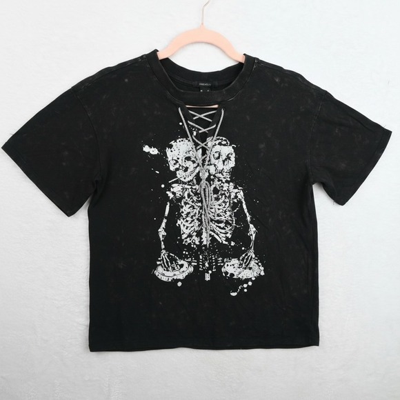 Forever 21 Tops - Forever 21 Graphic T-Shirt Womens Small Black Skeleton DJ Lace Up Rhinestone